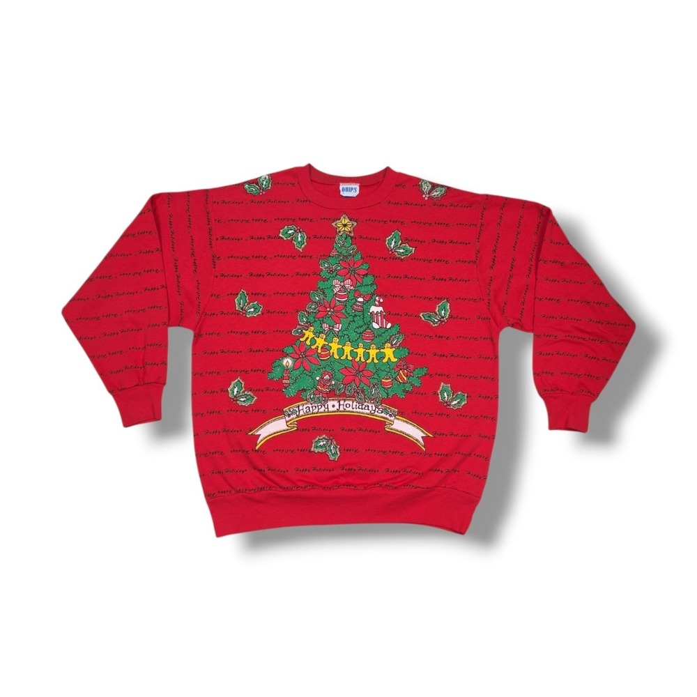 Vintage QUIPS Happy Holidays Puffy Graphic Print Red Sweatshirt Women's L